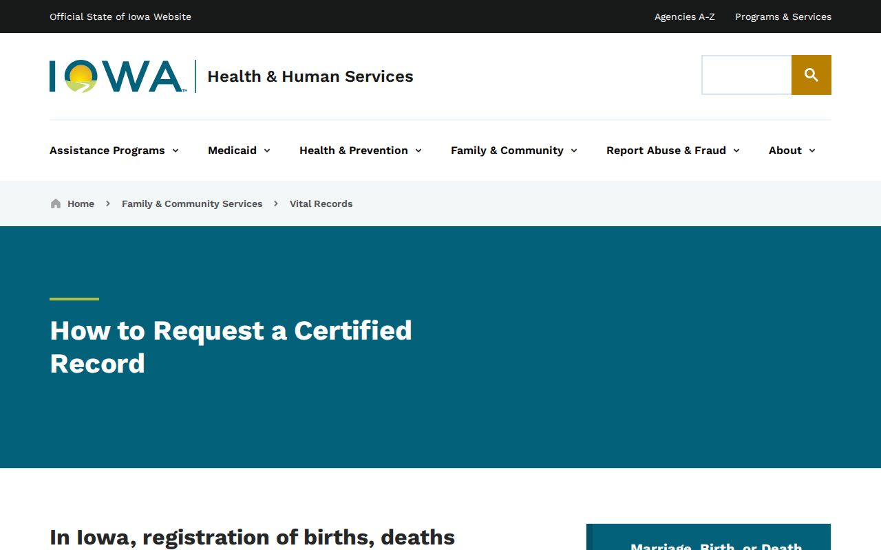Iowa HHS certified vital record request guide used by Council Bluffs researchers