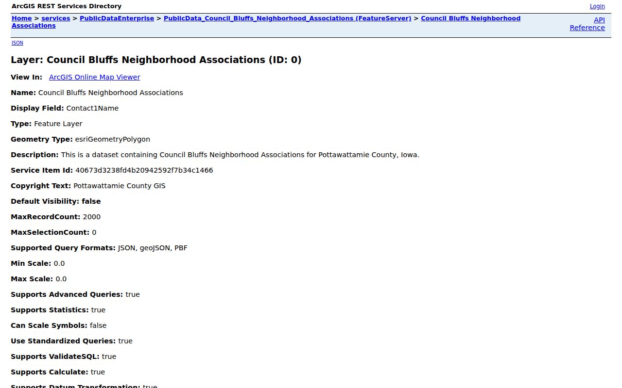 Council Bluffs GIS neighborhood association layer fields and public access