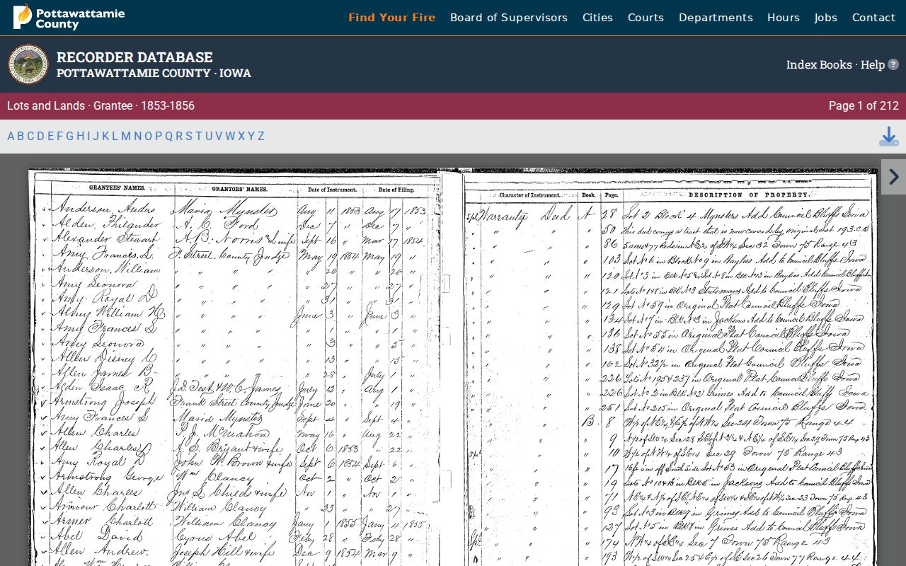 Council Bluffs previous residents early historical deed index scan