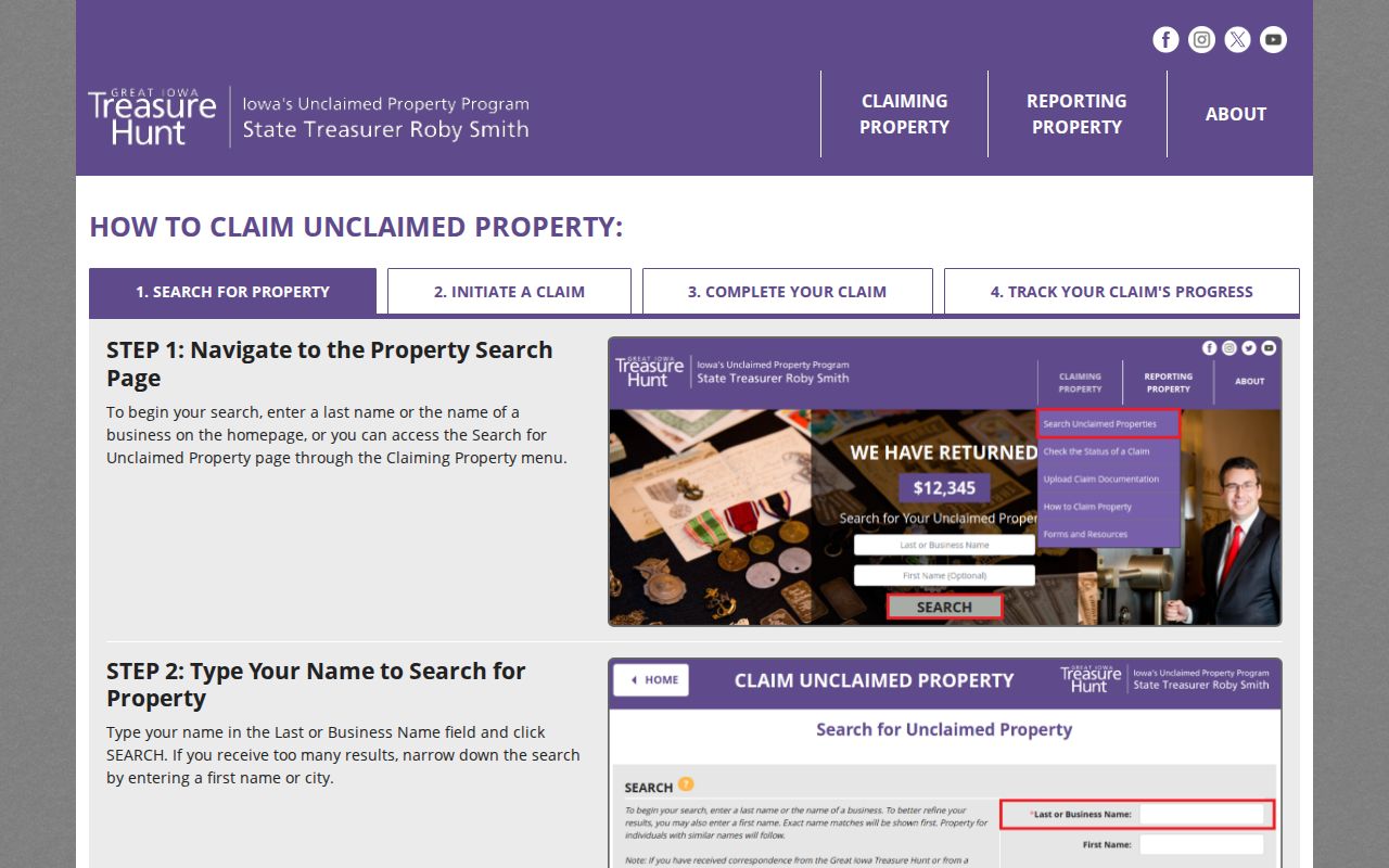 Iowa unclaimed property instructions used in a Council Bluffs name search
